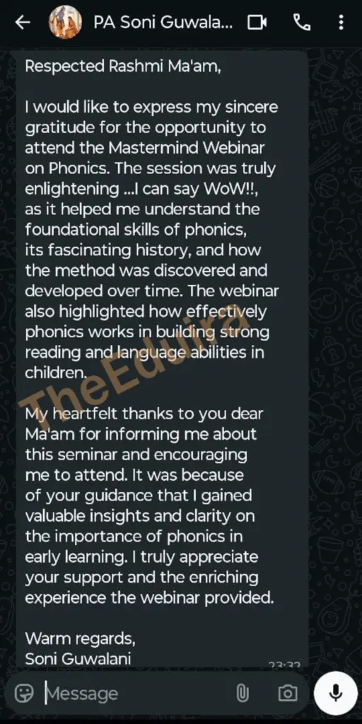 Tecaher testimonial message